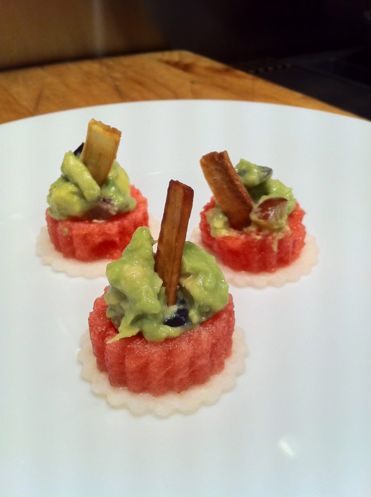 Watermelon canapé is filled with Serrano and Grape Guacamole
