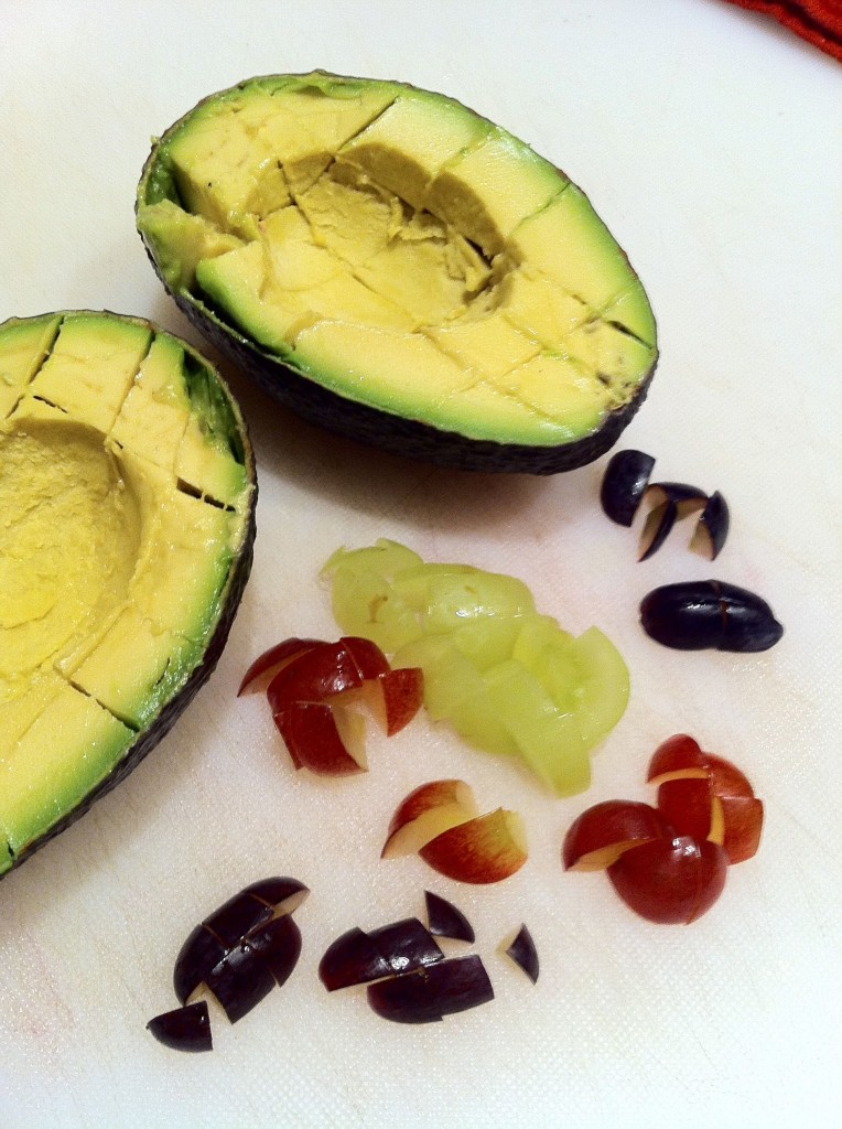 Avocado and grapes wit Serrano chile make the filling for Watermelon Canapé