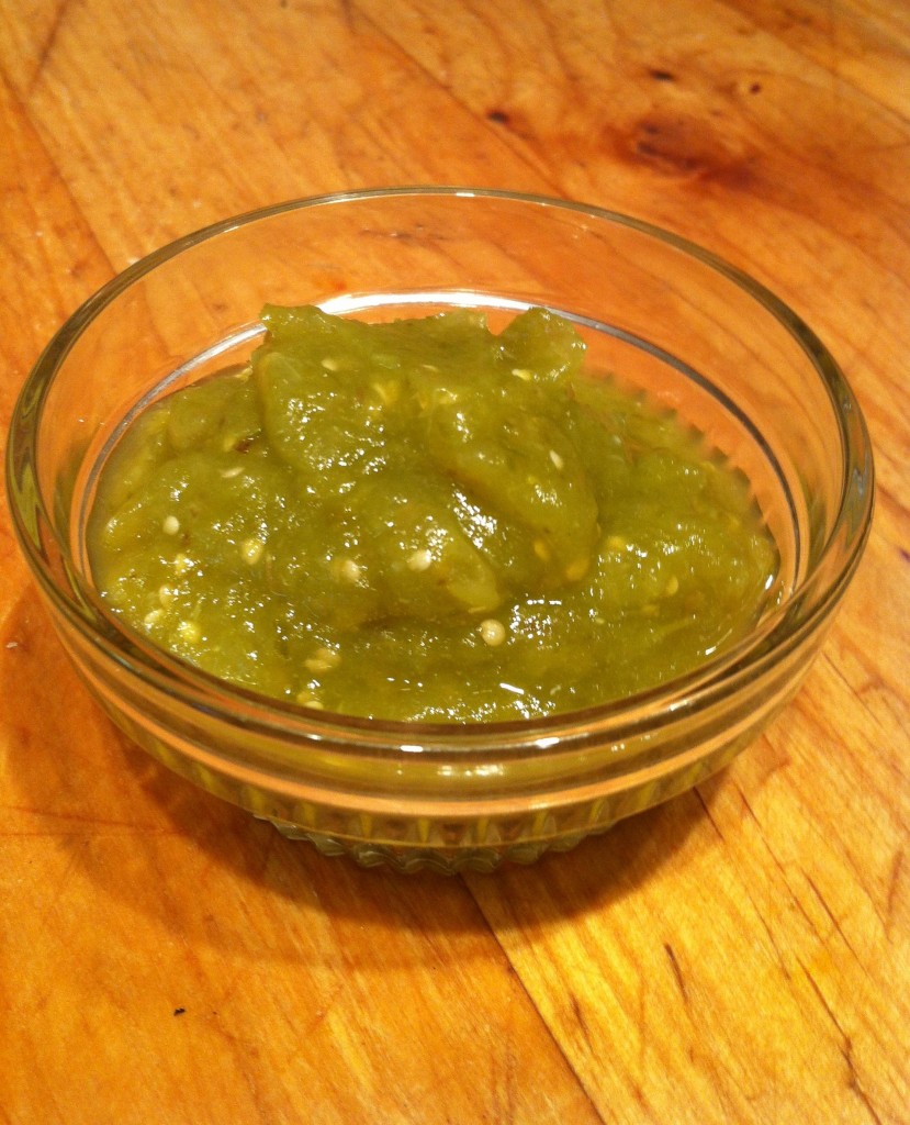 Tomatillo salsa for fish tacos is made with boiled green tomatillos and chile Serrano