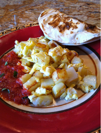 Breakfast tacos are delicious and quick. Potato and egg is a classic