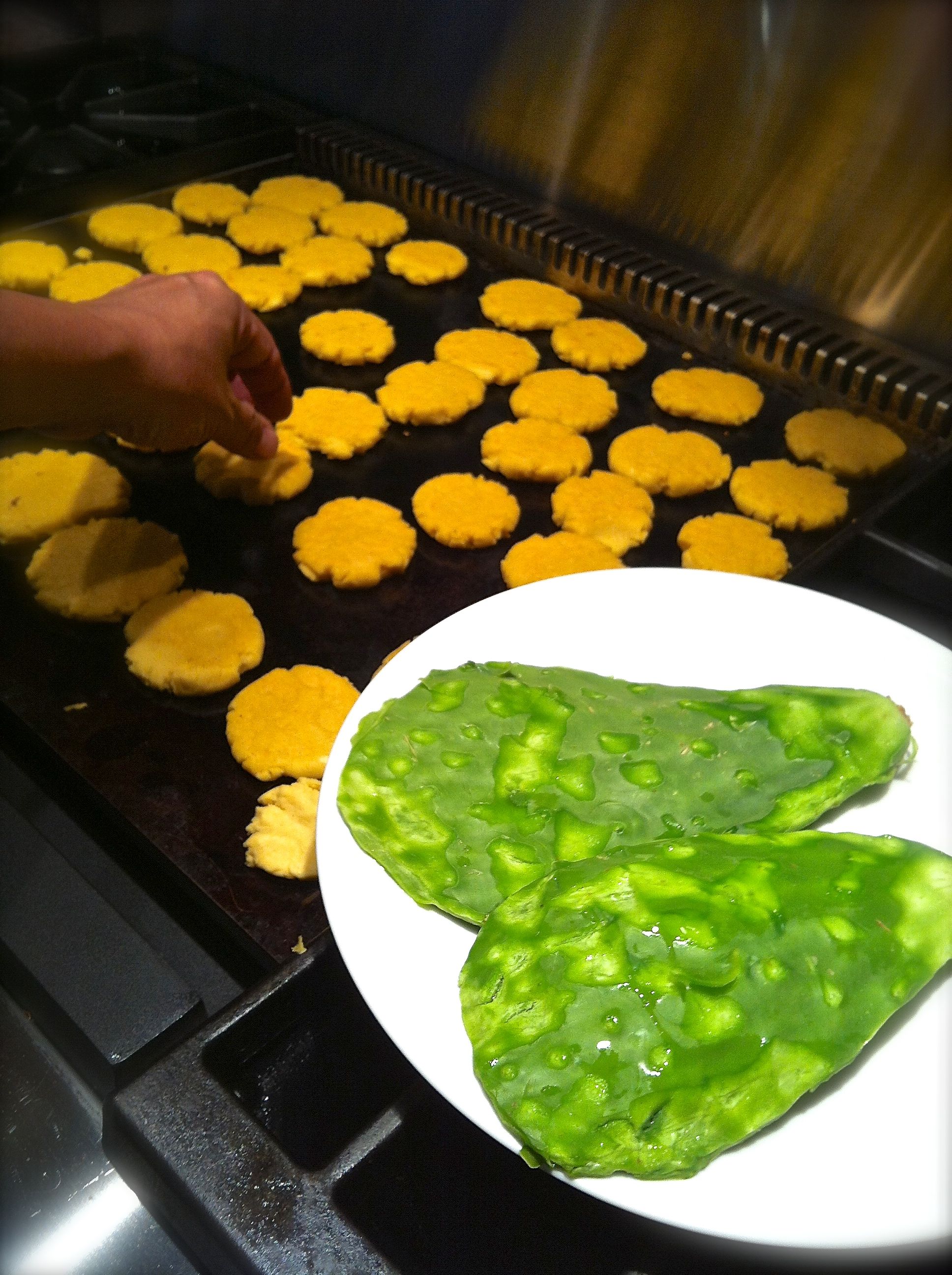 Nopalito, cactus, cleaned of spines and gorditas on the griddle